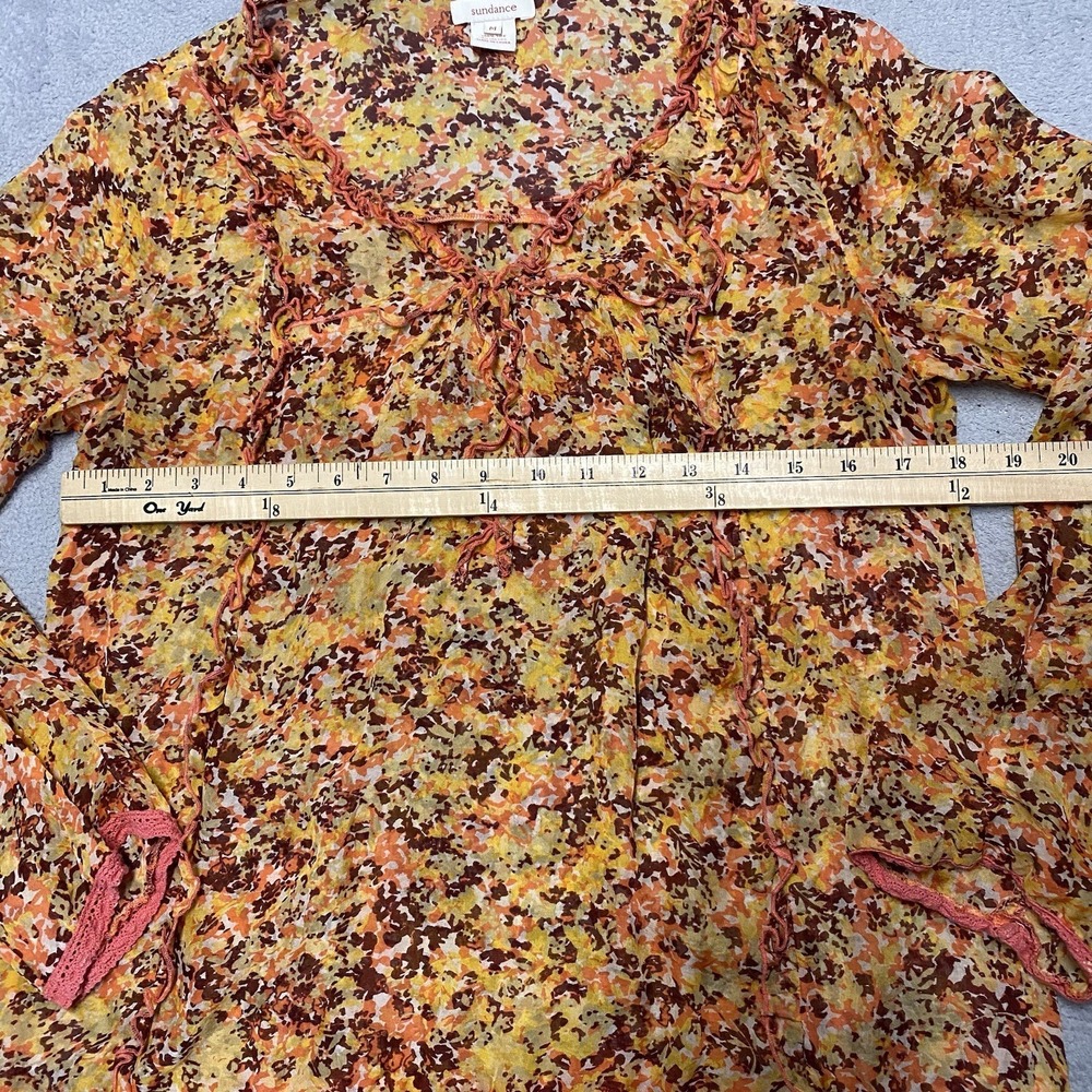 Sundance Silk Blouse Medium Floral Print Sheer Lightweight Ruffle Lace Trim Boho - Picture 4 of 5